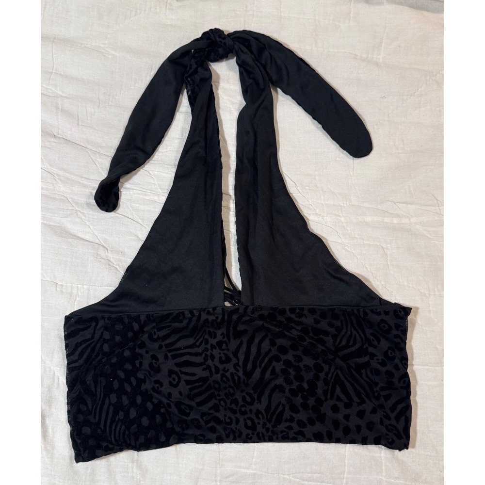 NWT PrettyLittleThing Plus Black Devore Lace Up Halter Top Animal Print US 14 - Picture 4 of 6